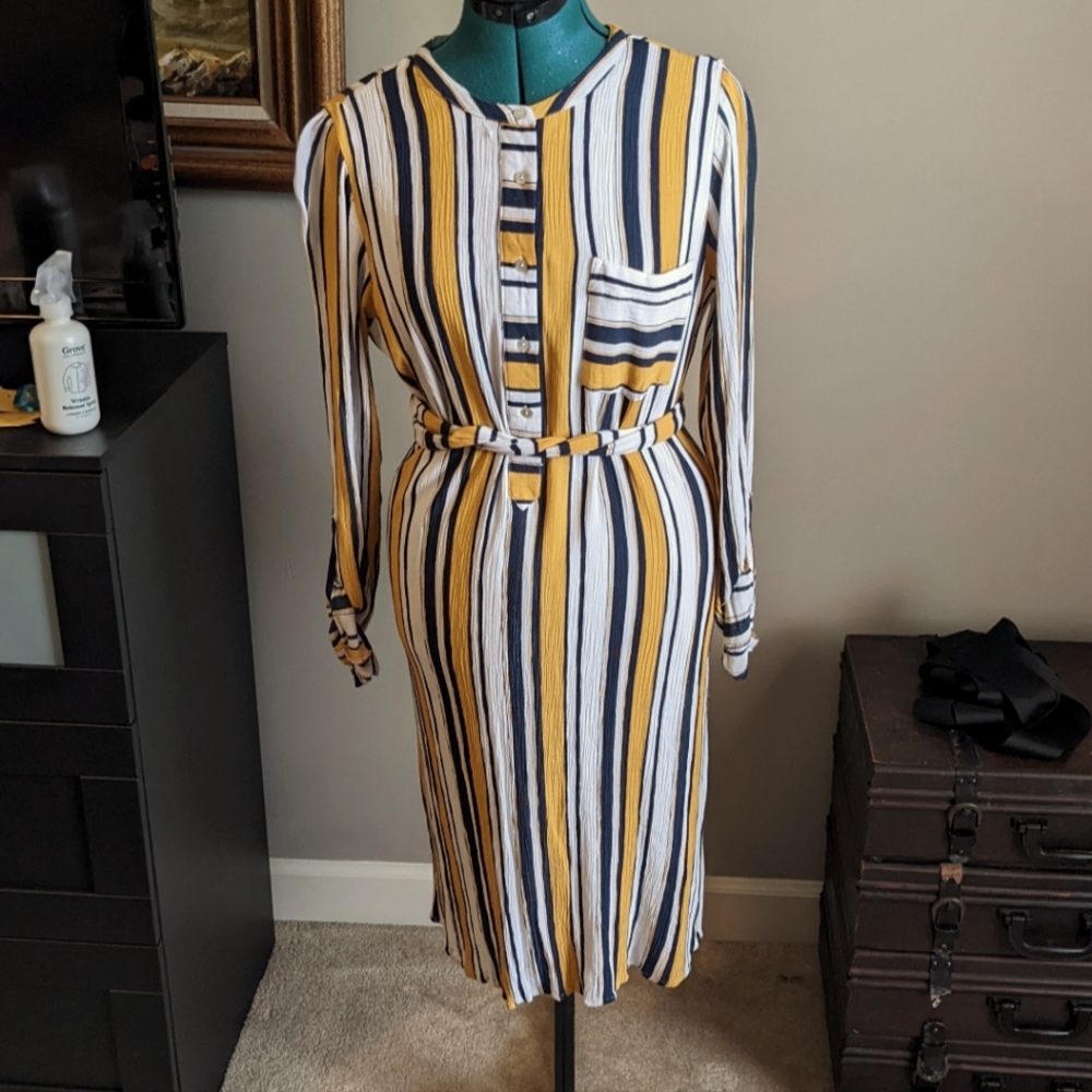 Navy & Yellow Striped Shirt Dress - M